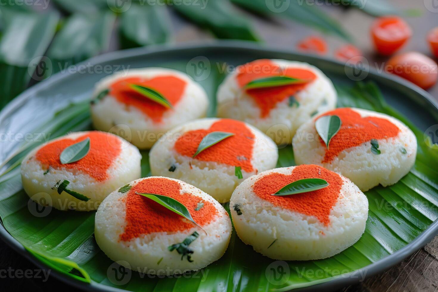 valentines dag särskild söder indisk idli med kärlek hjärtan. foto