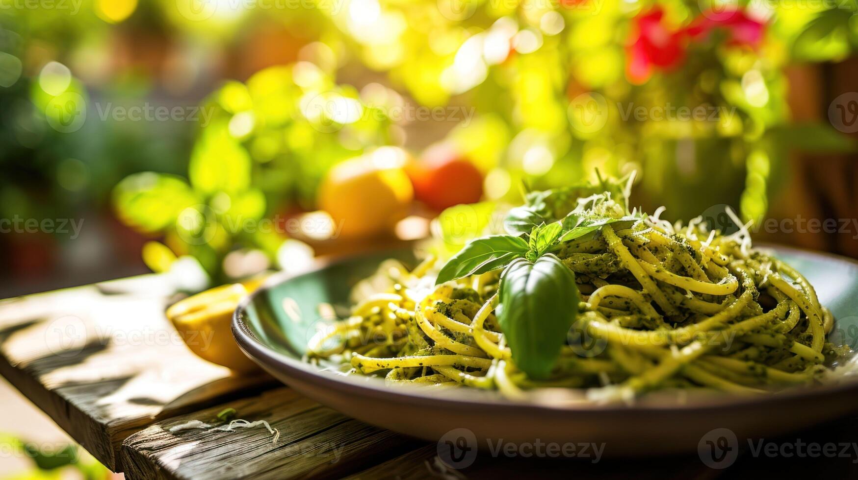 spaghetti pesto mot en solbelyst trädgård scen foto