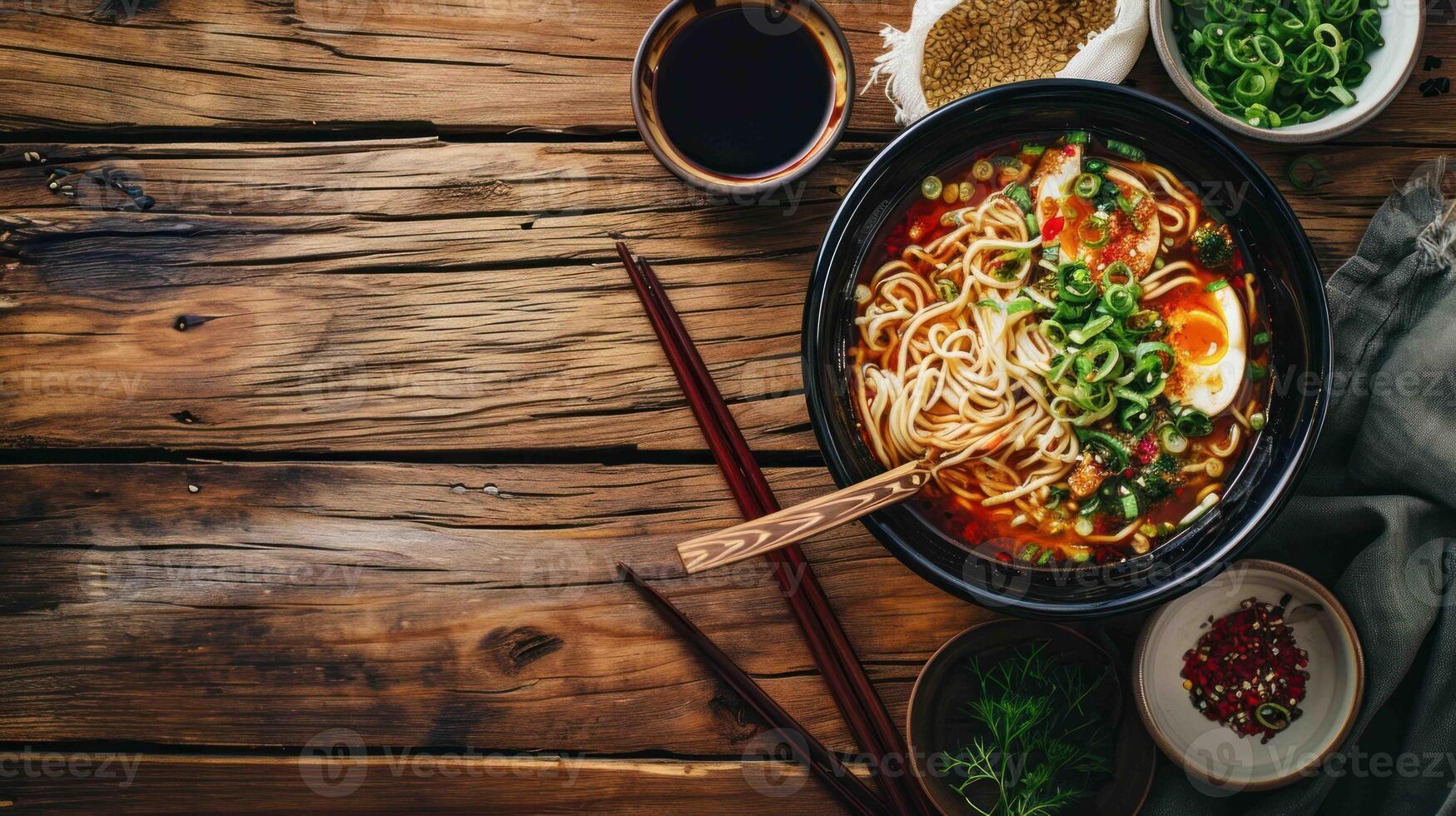 kryddad miso Ramen på en trä- bordsskiva foto