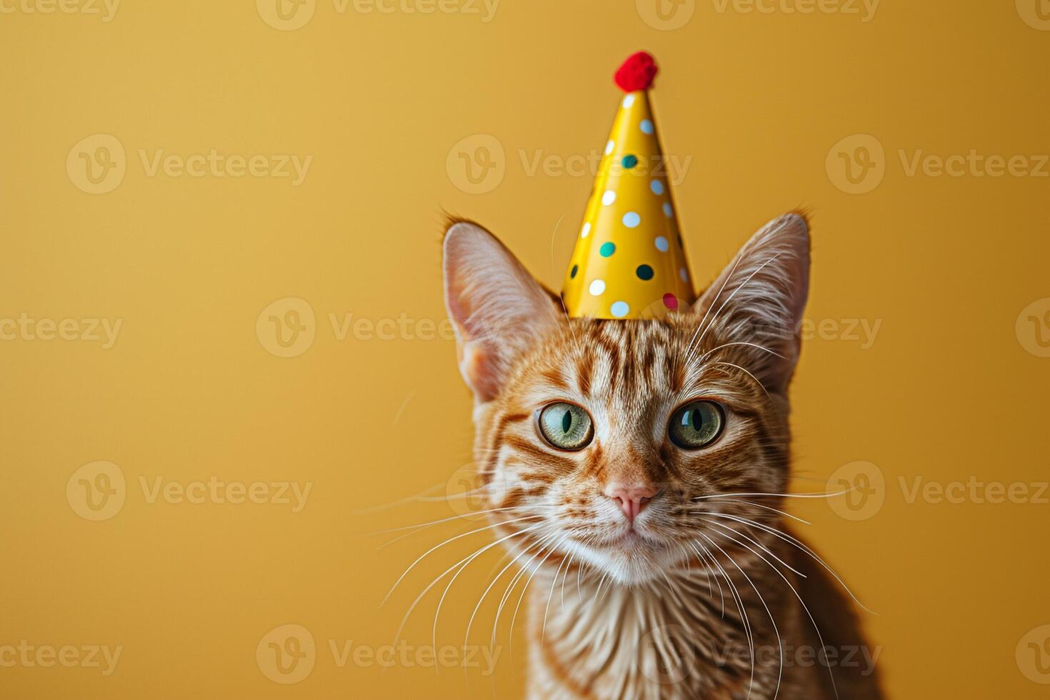 en ingefära tabby katt med uttrycksfull grön ögon, bär en roligt fest hatt foto