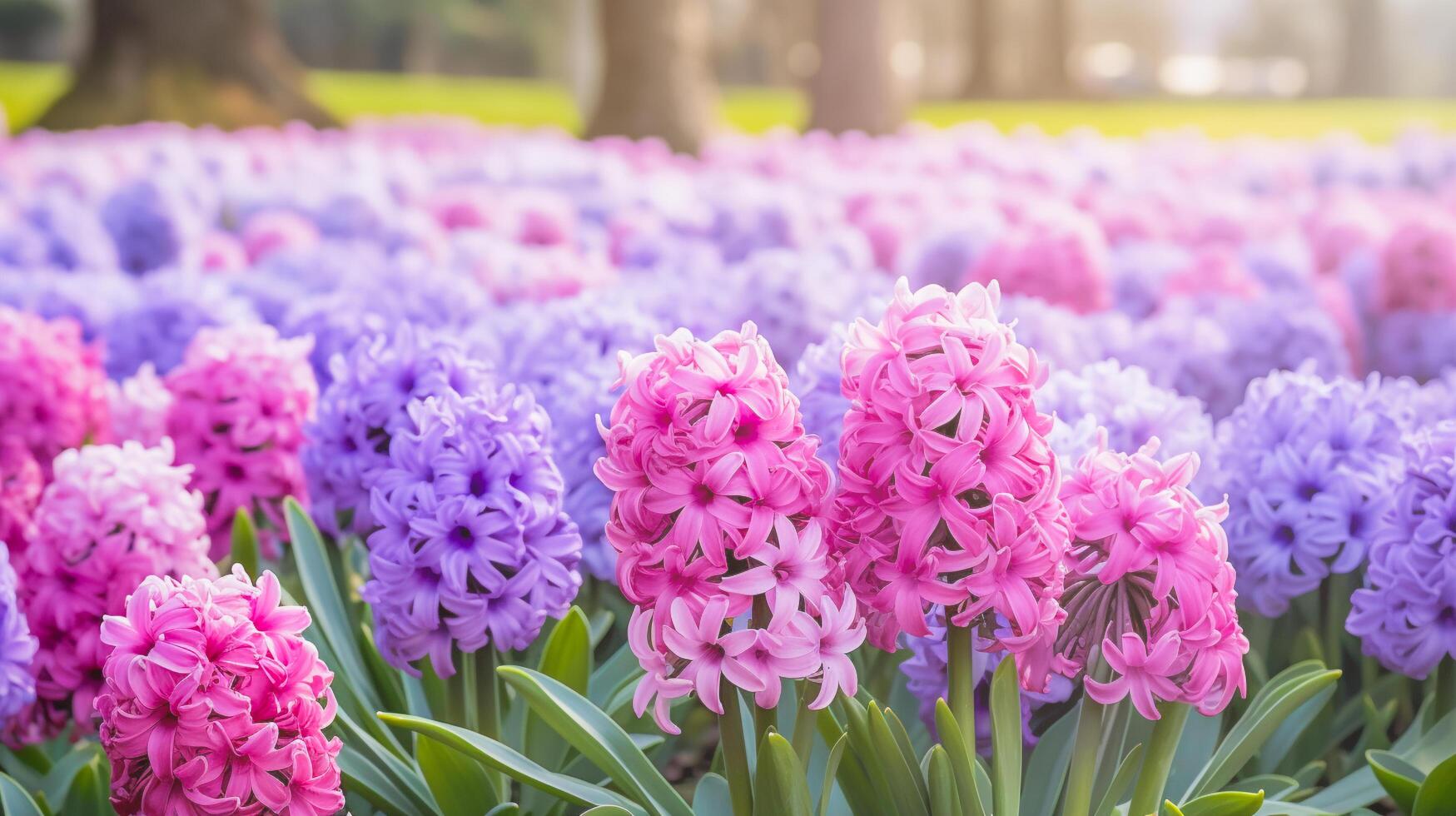 många lila och rosa hyacint blommor är i en fält foto