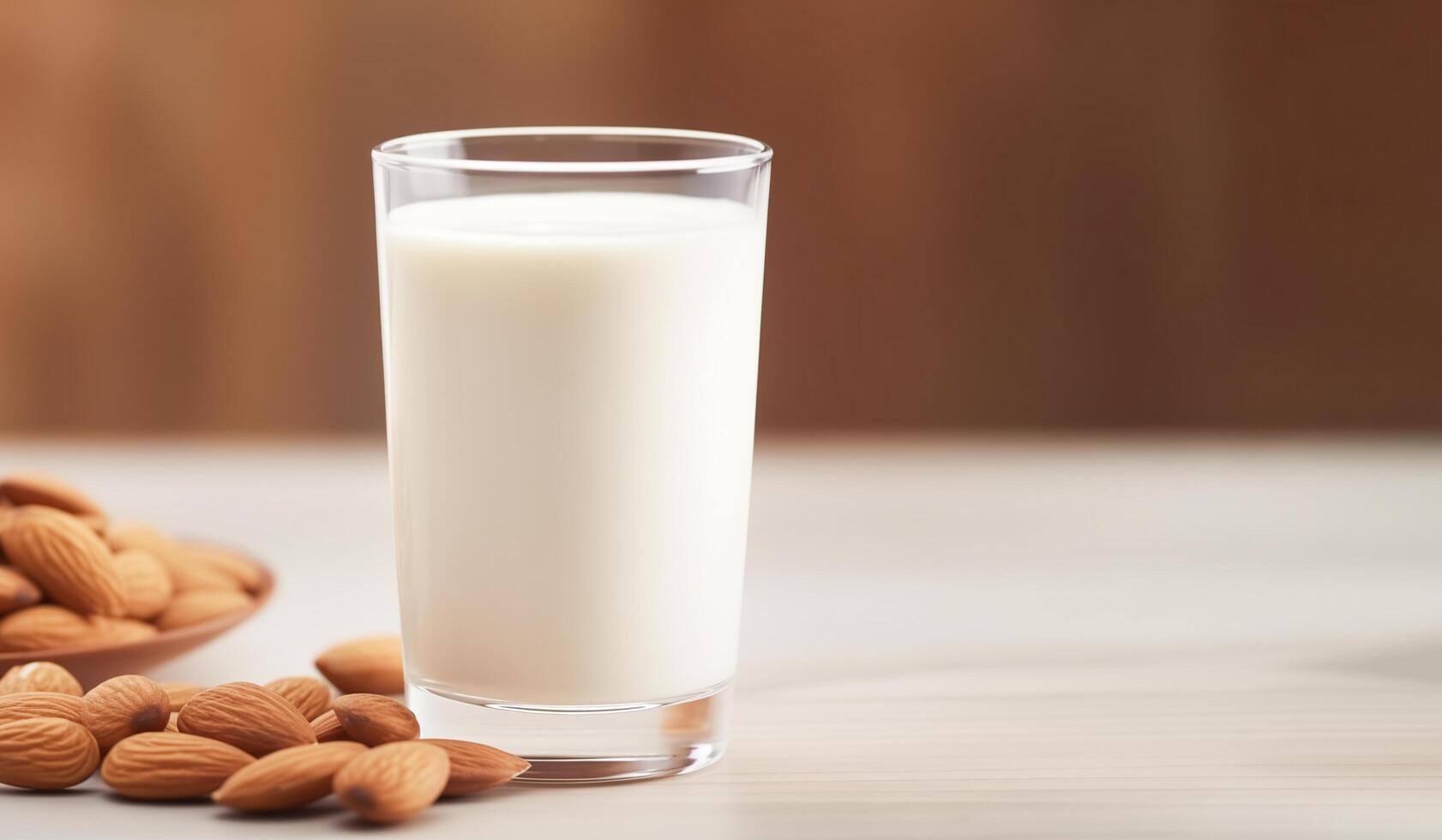 glas av mandel mjölk på tabell bakgrund, kopia Plats foto