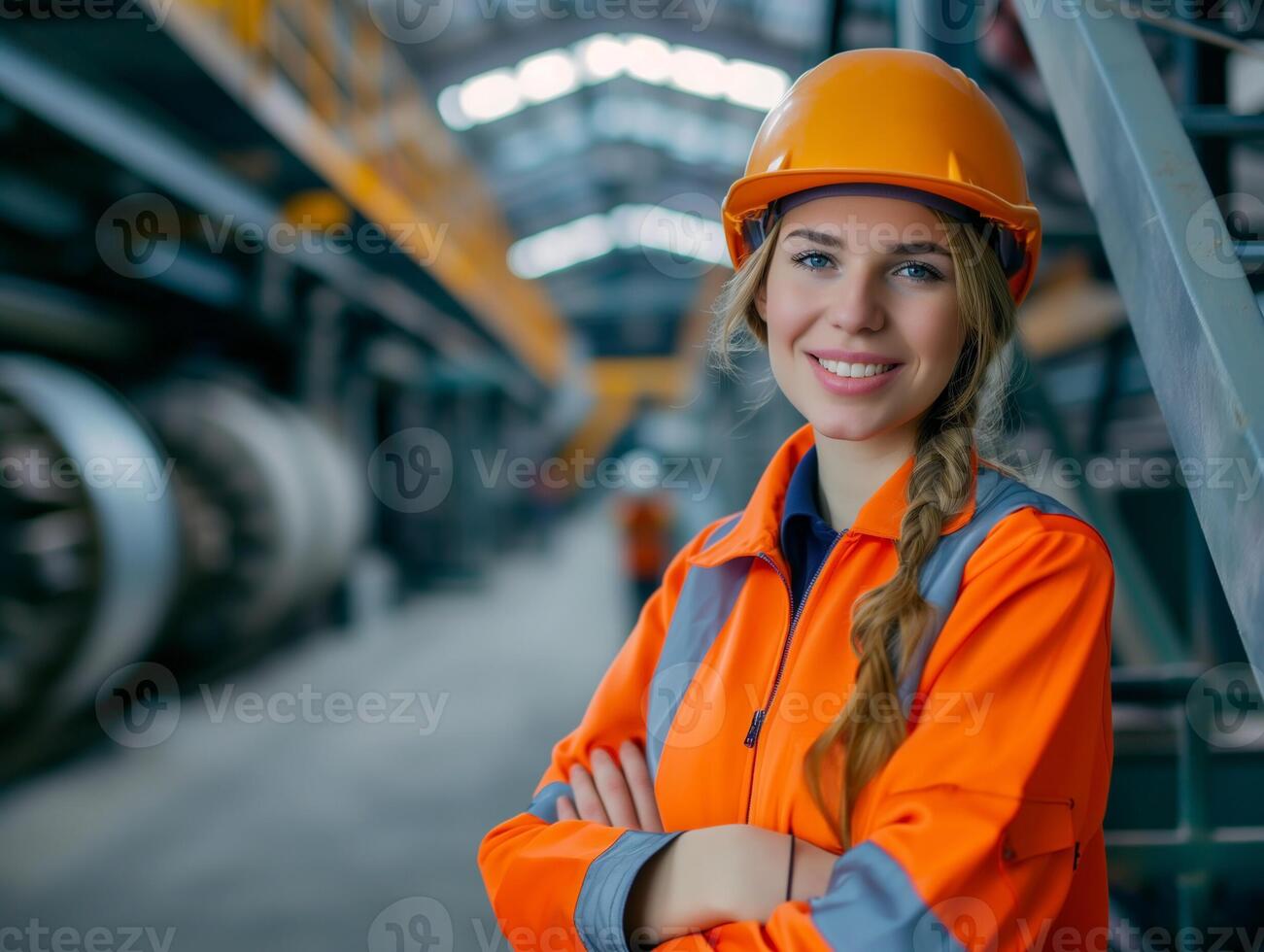 självsäker kvinna ingenjör i orange hjälm på industriell maskineri foto