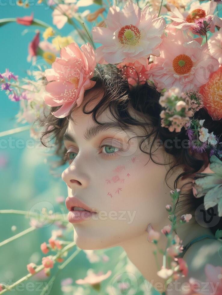 ung kvinna Utsmyckad med vibrerande blommig huvudstycke i eterisk porträtt foto
