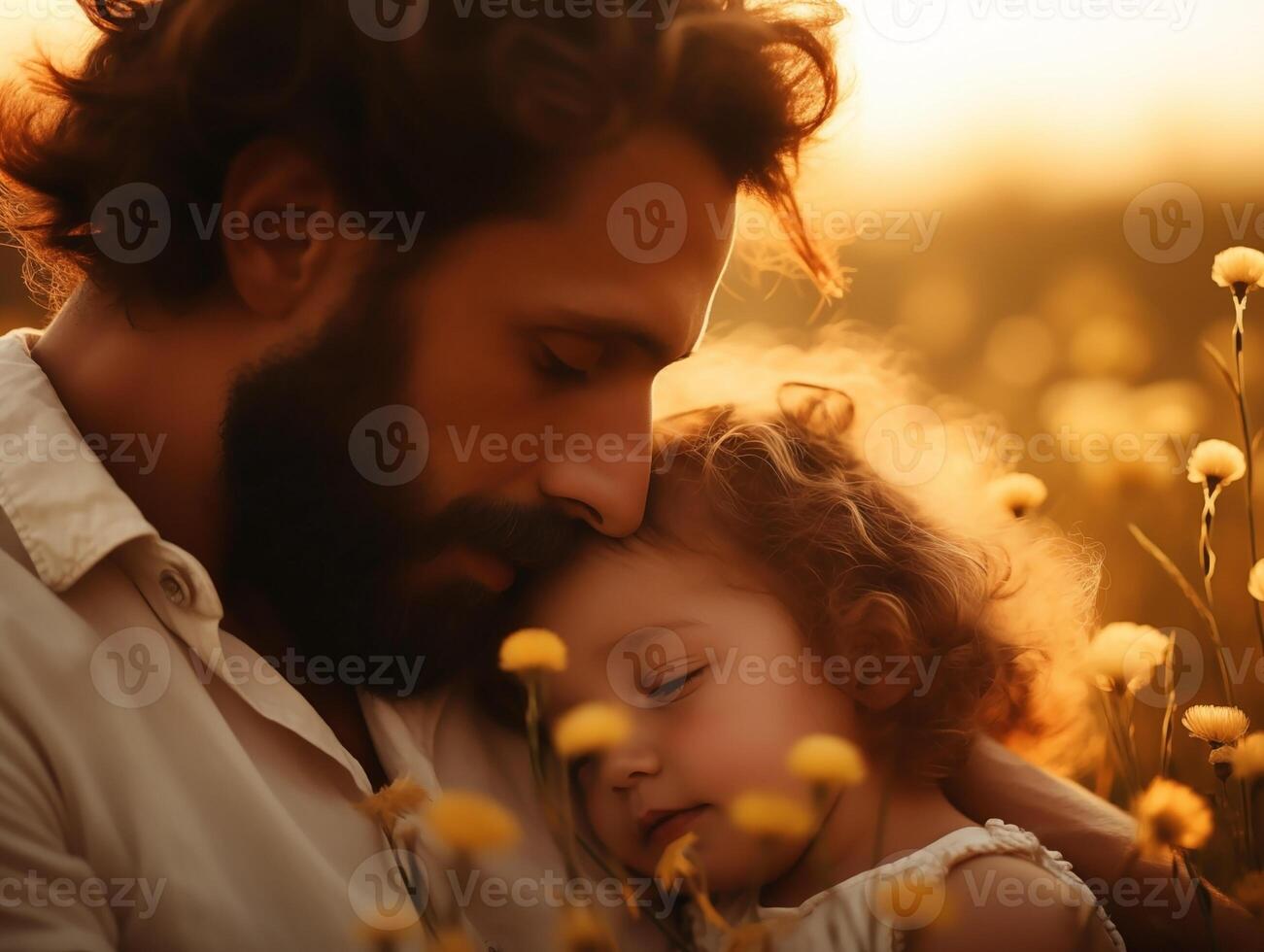 pappa kramar hans dotter, och de dotter sätta henne huvud på pappas axel närbild på en vår bakgrund foto