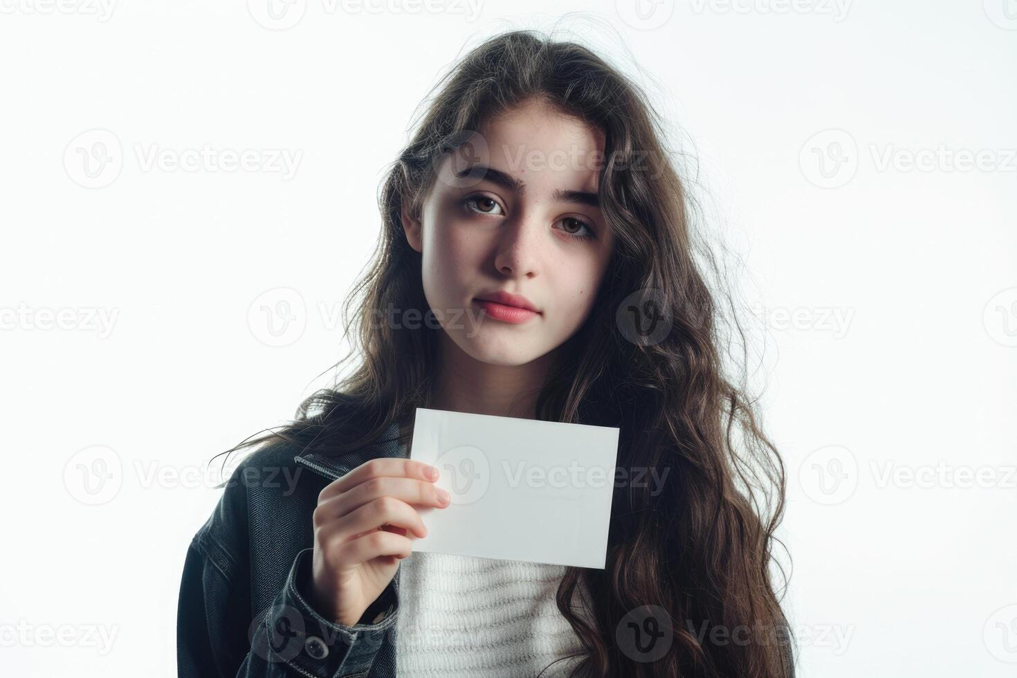 skön ung flicka med en tom kort på vit bakgrund foto