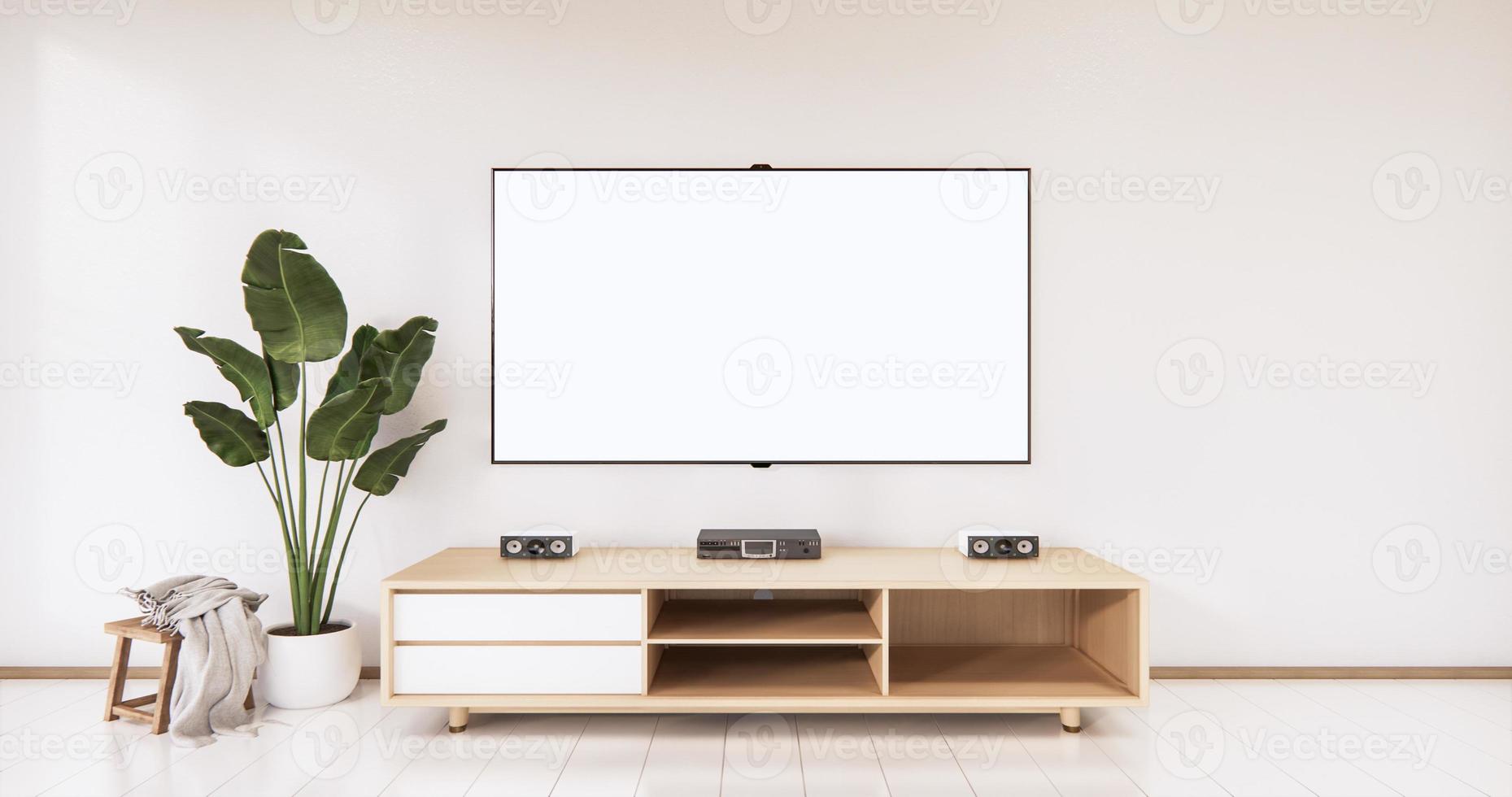 skåp trä japansk design på vardagsrum zen stil tom vägg background.3d rendering foto