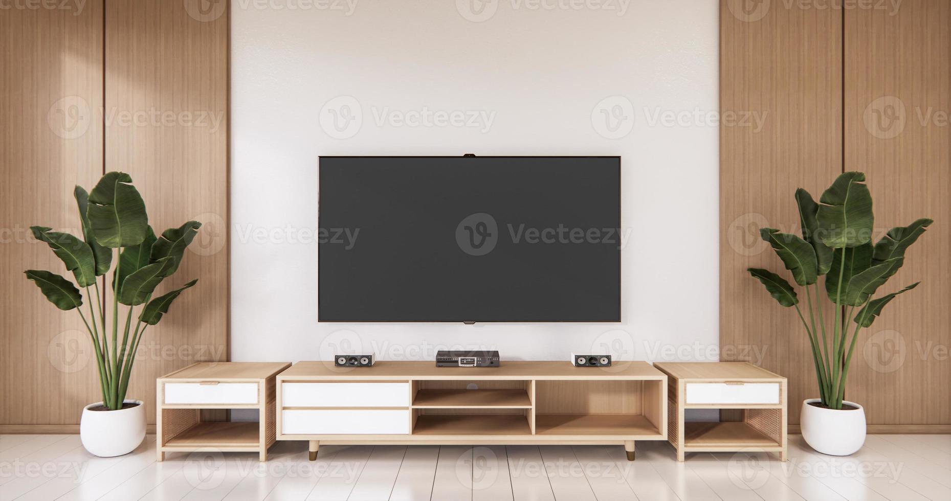 TV på tom vägg bakgrund och vägg trä japansk design på vardagsrum zen style.3d rendering foto