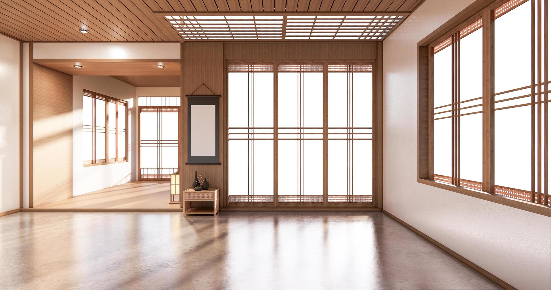 levande hylla design i rum japansk stil minimal design. 3d-rendering foto