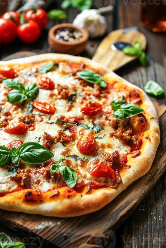 utsökt hemlagad margherita pizza toppade med färsk basilika och tomater på en trä- tabell foto