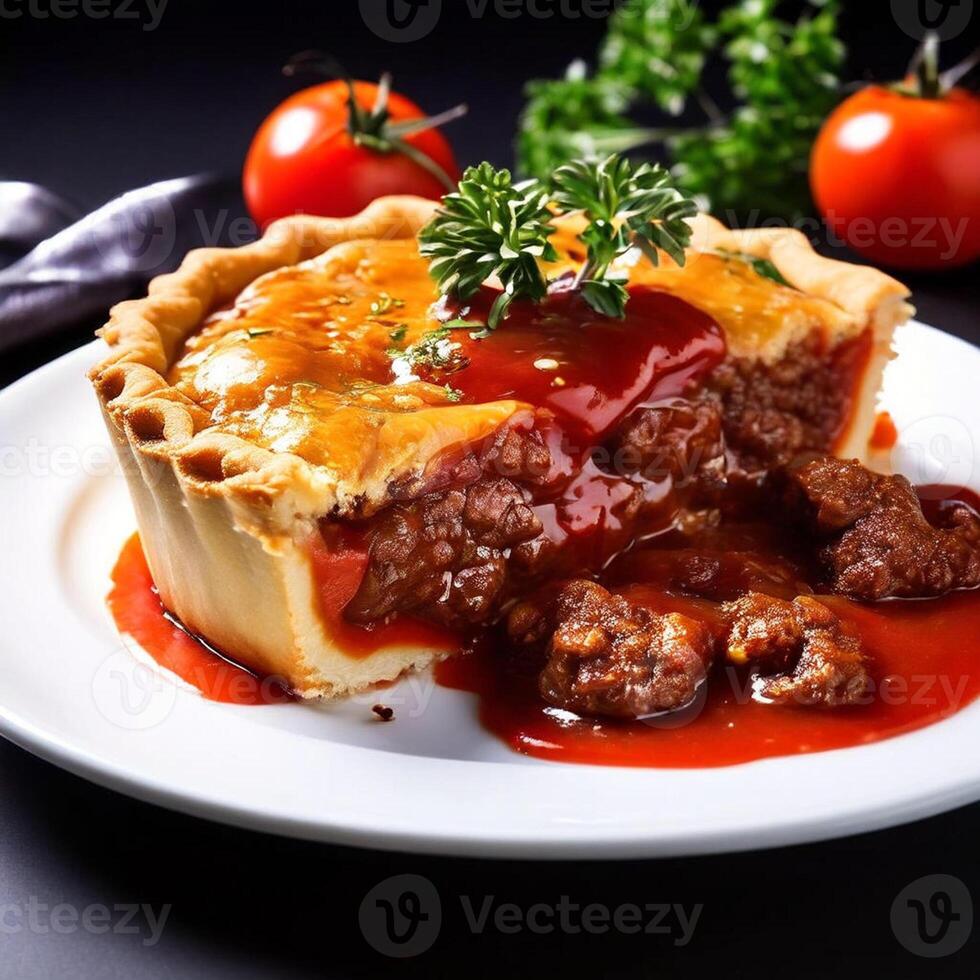 australier kött paj och tomat såsvit bakgrund foto