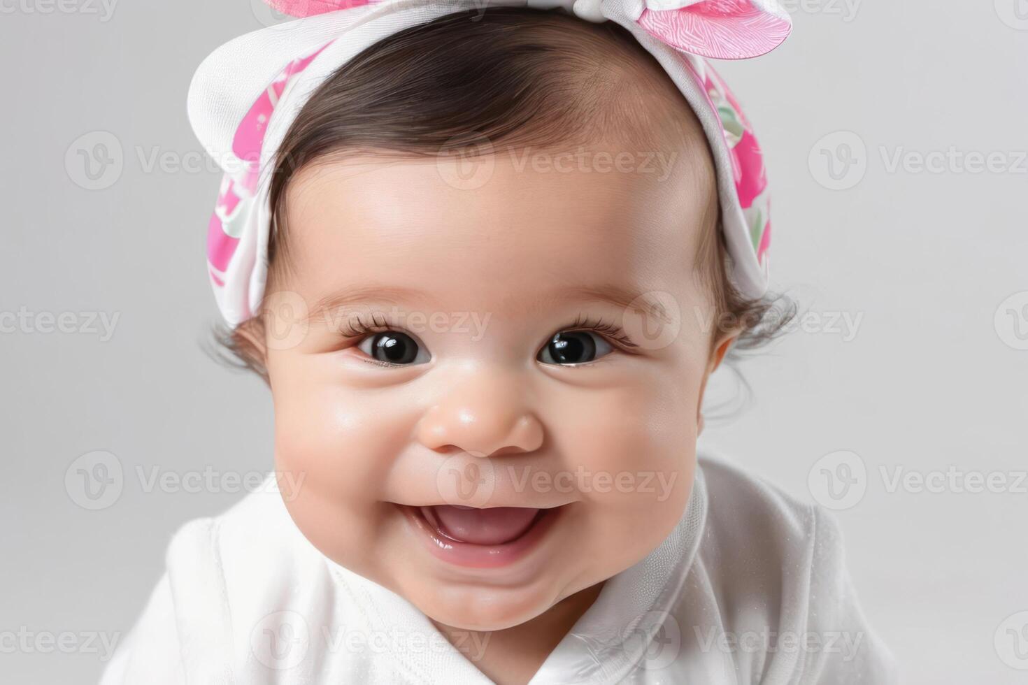 skön älskling Lycklig söt leende bebis på ljus bakgrund. foto