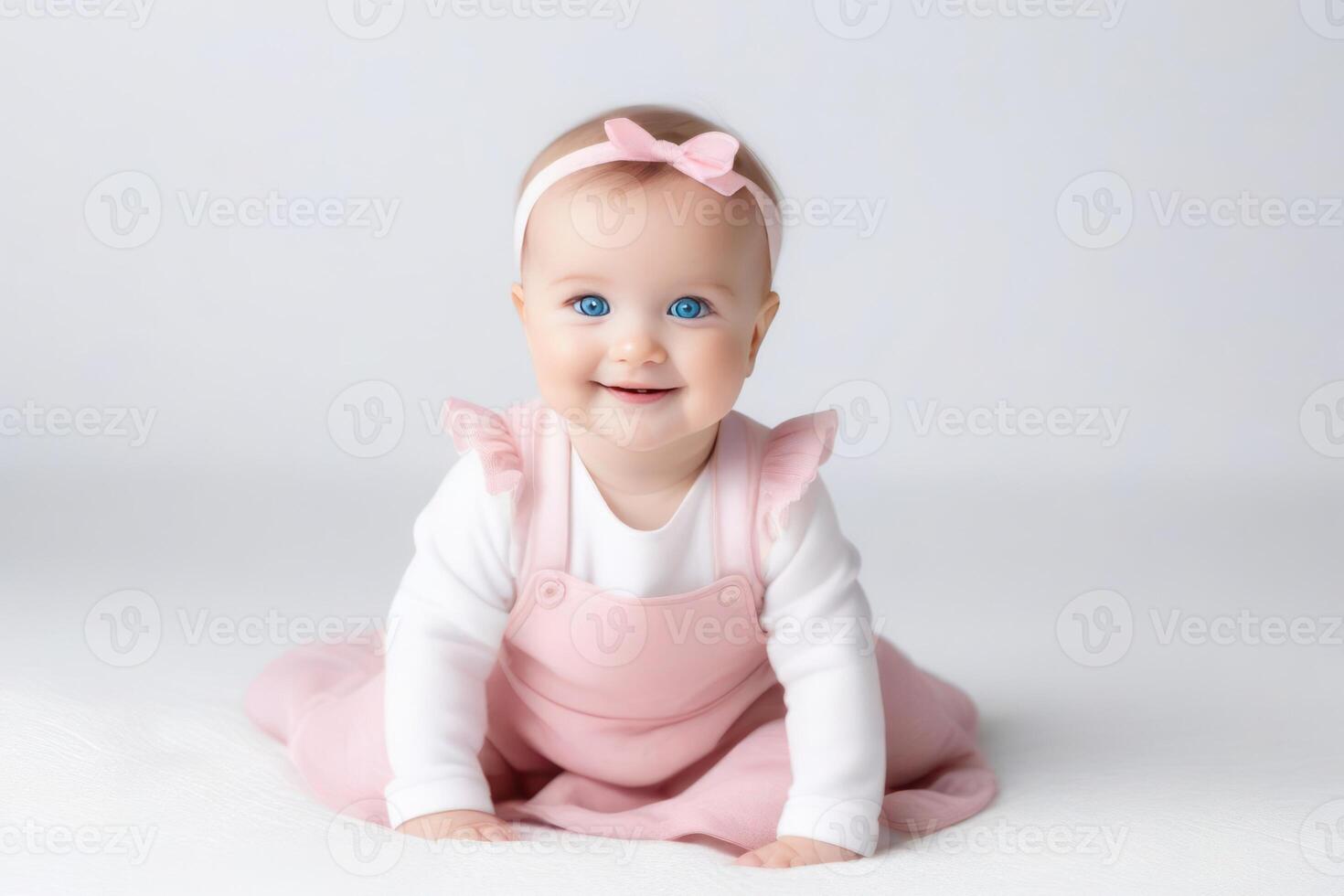 porträtt av söt liten bebis flicka med stor blå ögon på vit bakgrund. Lycklig friska barndom begrepp. foto