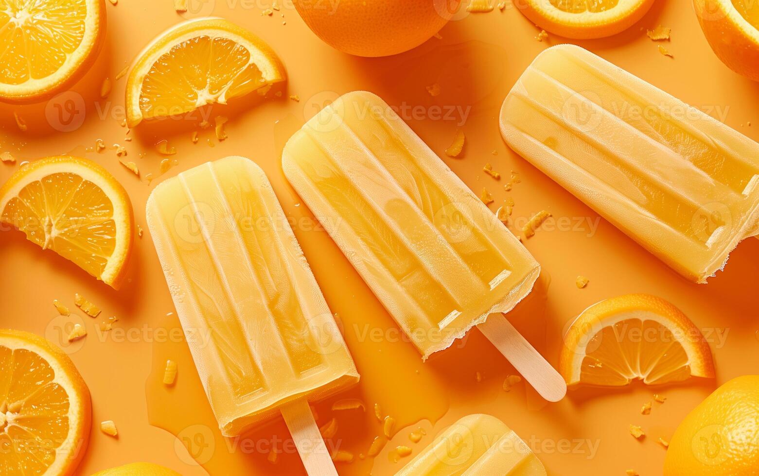 frysta is popsicles av yoghurt och apelsiner över orange bakgrund. färsk frukt is grädde friska mat. foto