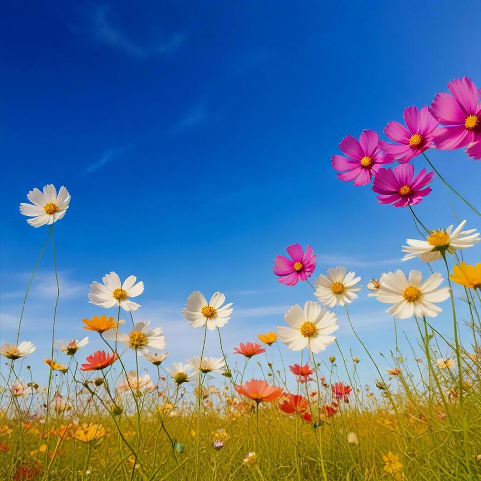 färgrik kosmos blommor i vår morgon- och blå himmel. foto