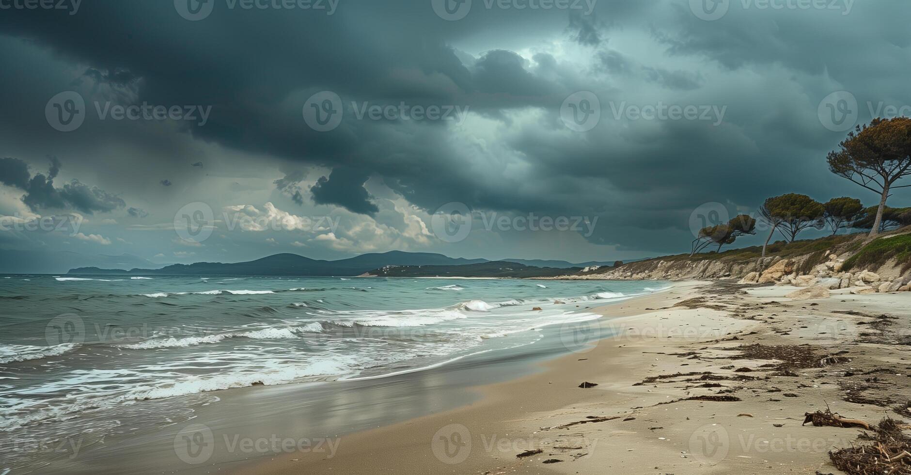 vid vinkel landskap Foto terar en havet med kraschar vågor och dramatisk himmel