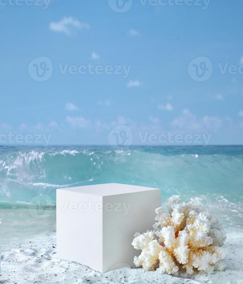 bakgrund för kosmetisk Produkter på strand med sand. geometrisk betong kub sten podium och korall. tömma monter för förpackning produkt presentation. falsk upp piedestal i solljus hav se foto