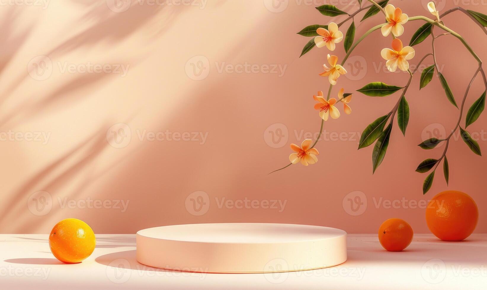 orange podium för produkt presentation med apelsiner, blommor och löv. ai-genererad innehåll. foto