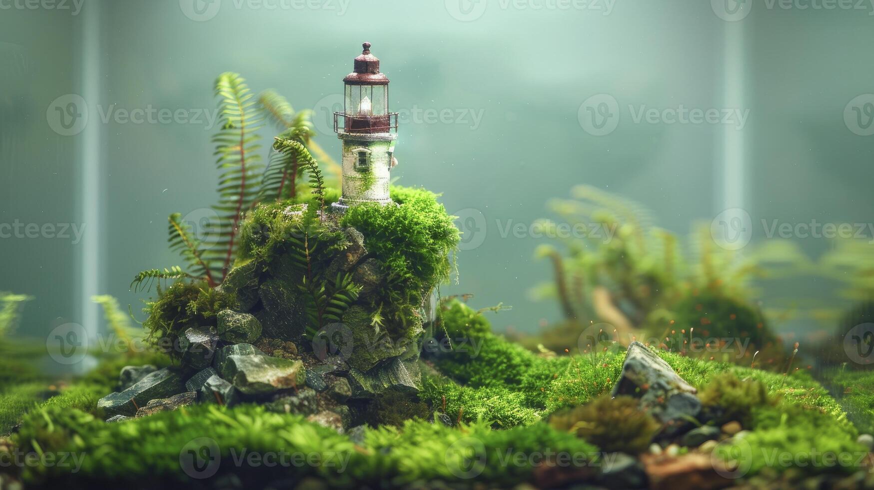 de miniatyr- tema av gammal ljus hus är täckt med grön mossa och pabblar inuti av terrarium glas foto