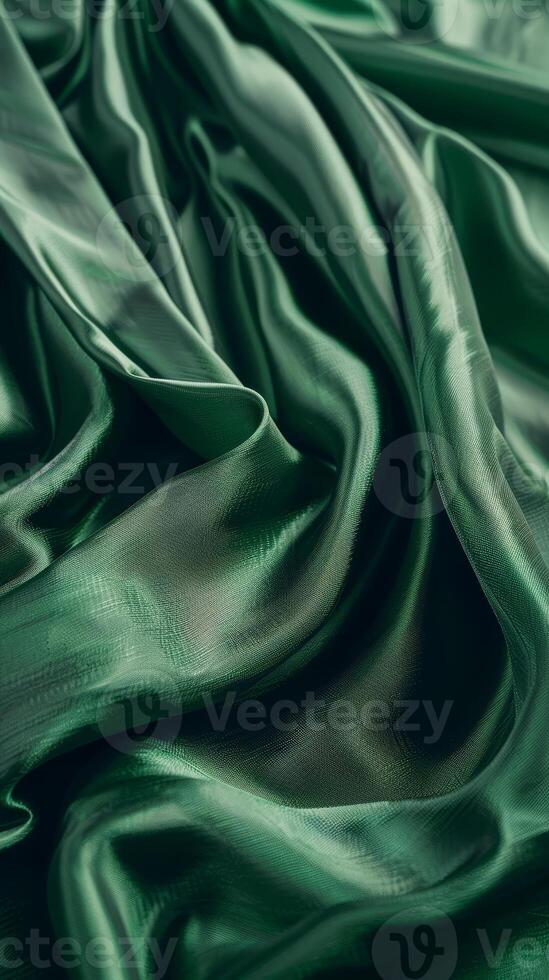 buktig veck av smaragd- grön satin cascading dramatiskt, avslöjande ett lockande spela av ljus på de överdådig tyg. foto