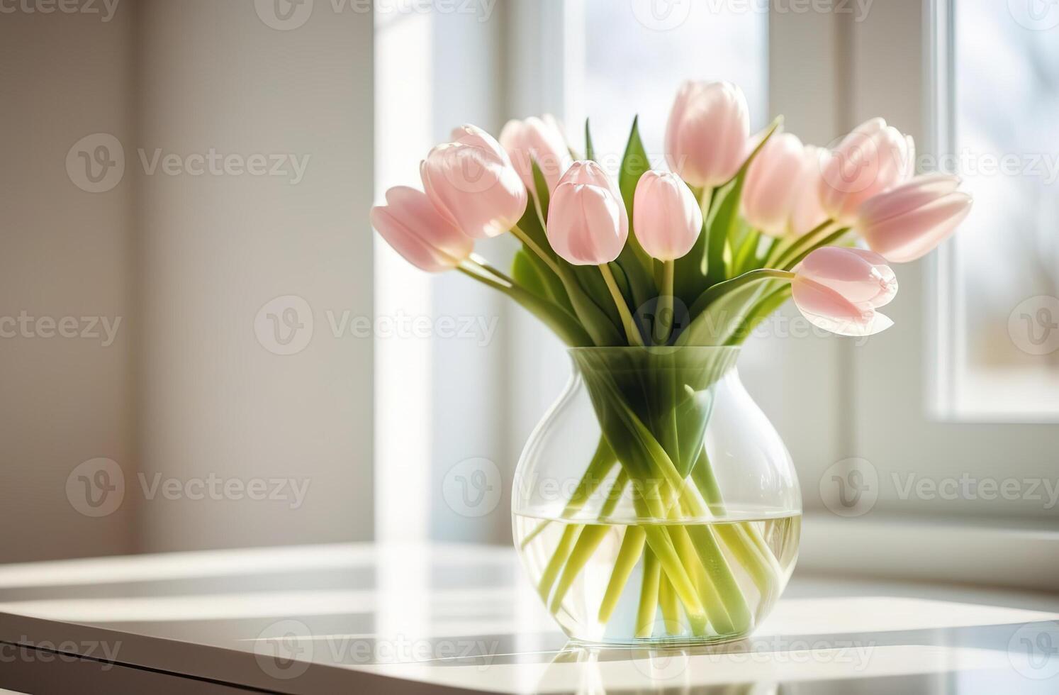 färsk vår blommor röd och gul tulpaner bukett i glas vas på tabell modern ljus interrior mödrar dag valentines foto