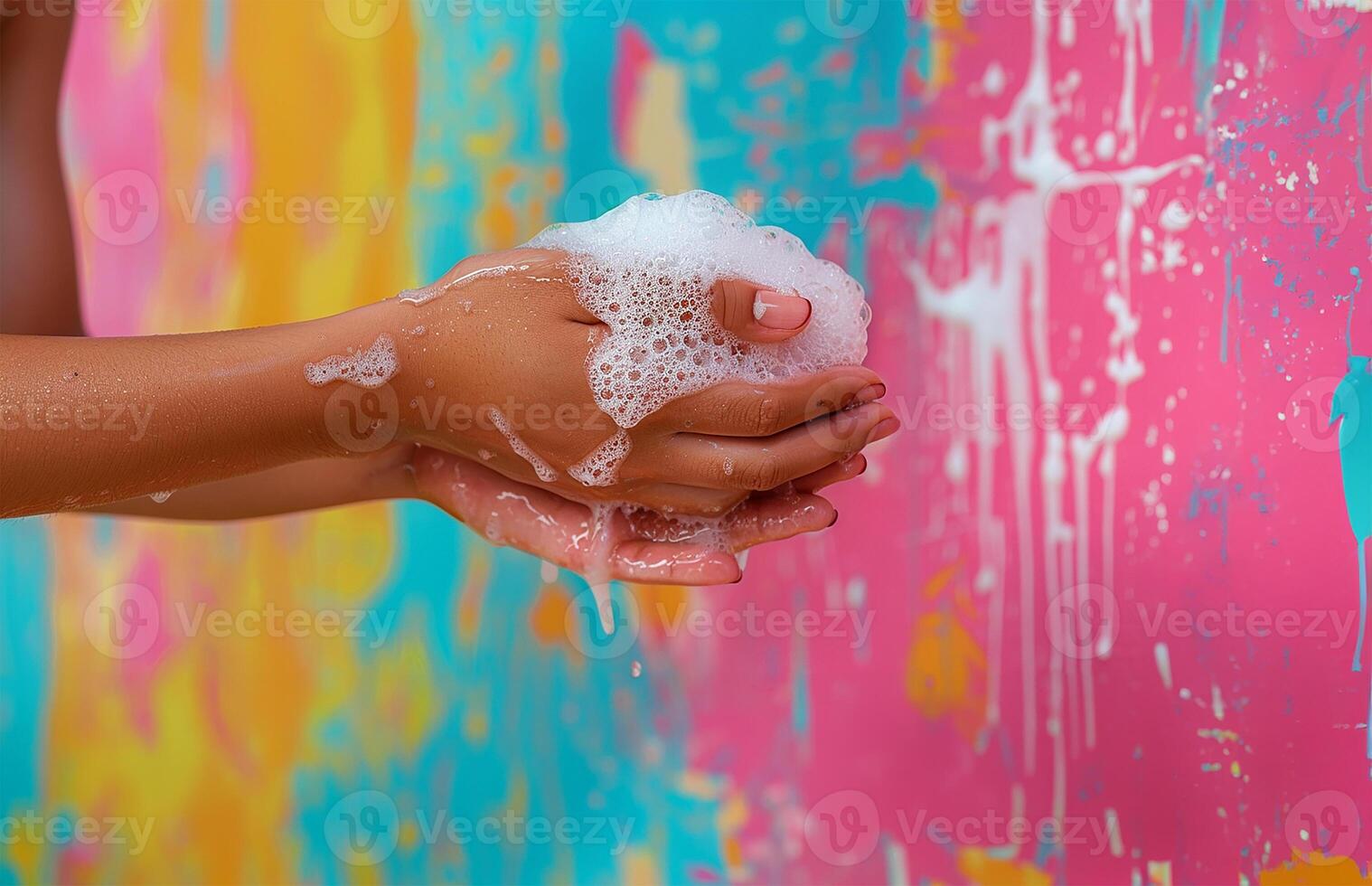 händer skapa rik tvål lödder markerad mot en färgrik bakgrund foto