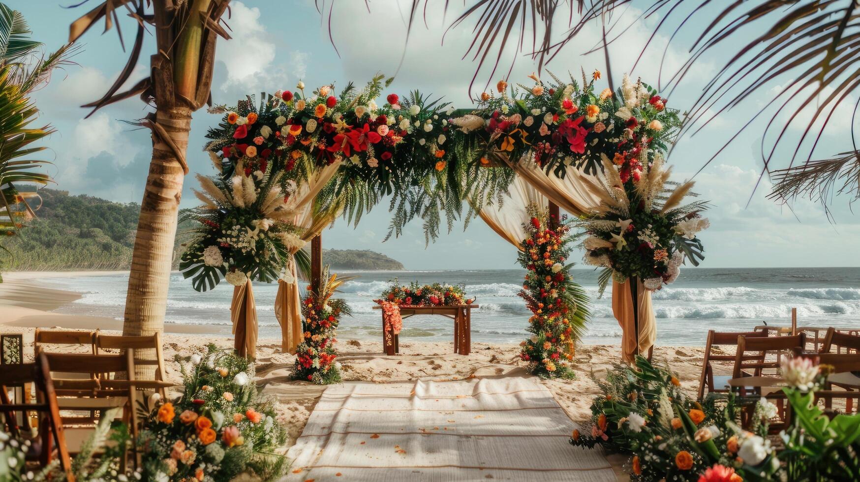 de bakgrund för ett utomhus bröllop på de strand fylld med skön blommig dekorationer och ornament ai generera foto