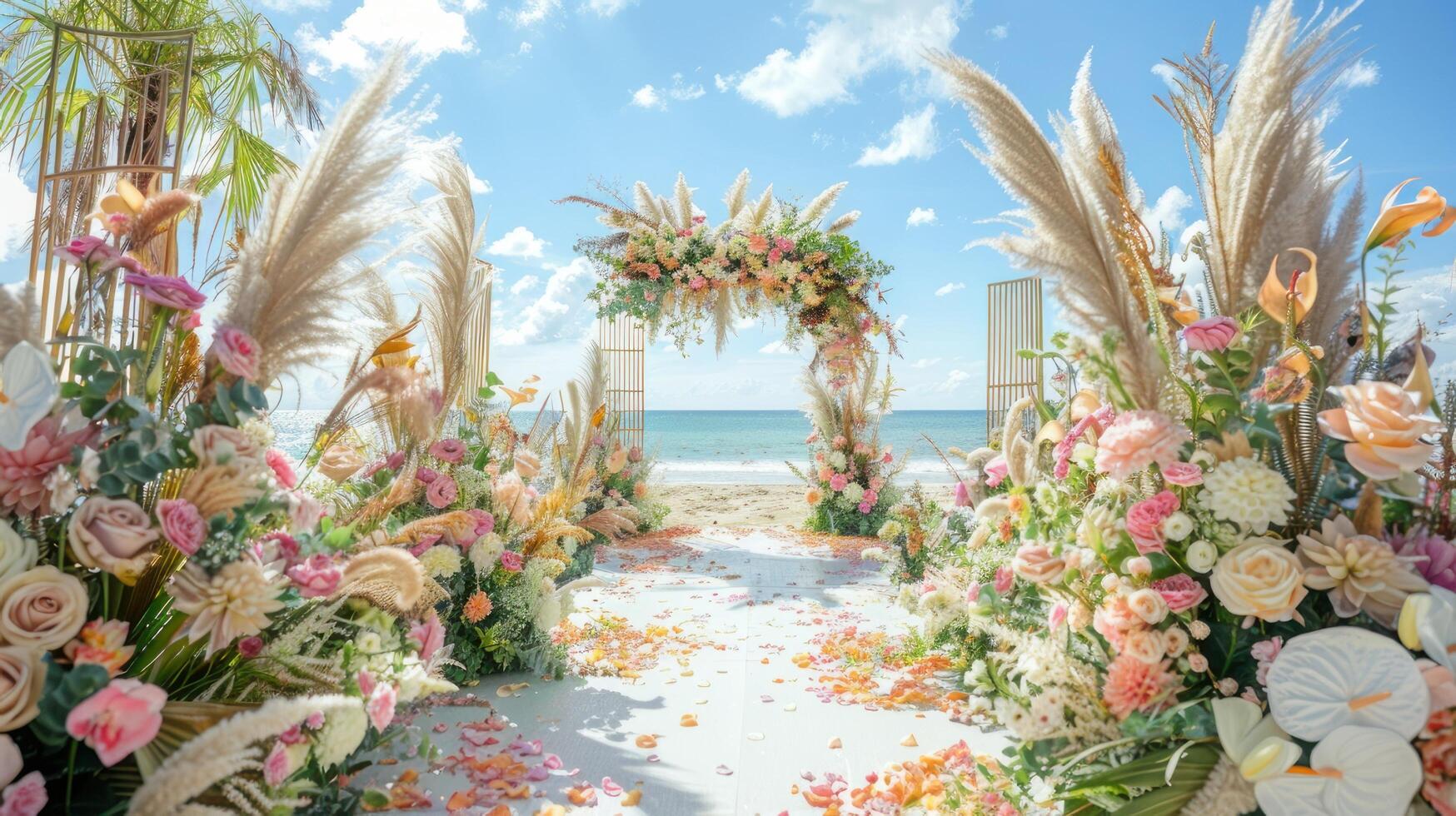 de bakgrund för ett utomhus bröllop på de strand fylld med skön blommig dekorationer och ornament ai generera foto