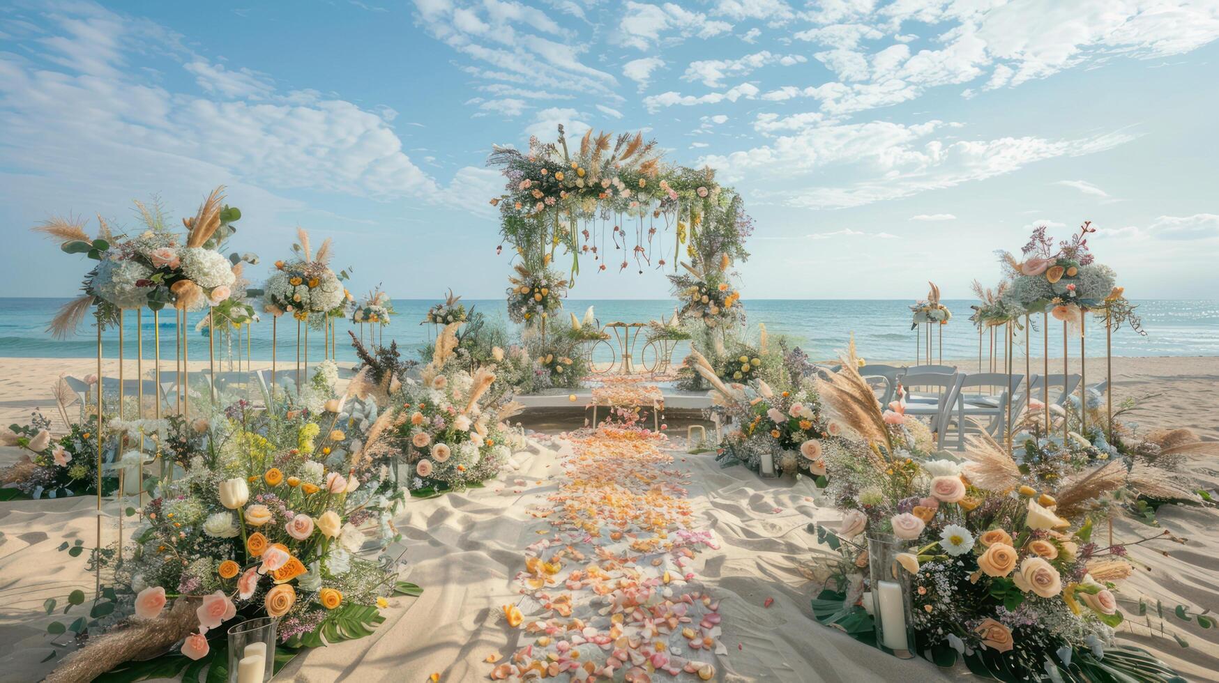 de bakgrund för ett utomhus bröllop på de strand fylld med skön blommig dekorationer och ornament ai generera foto