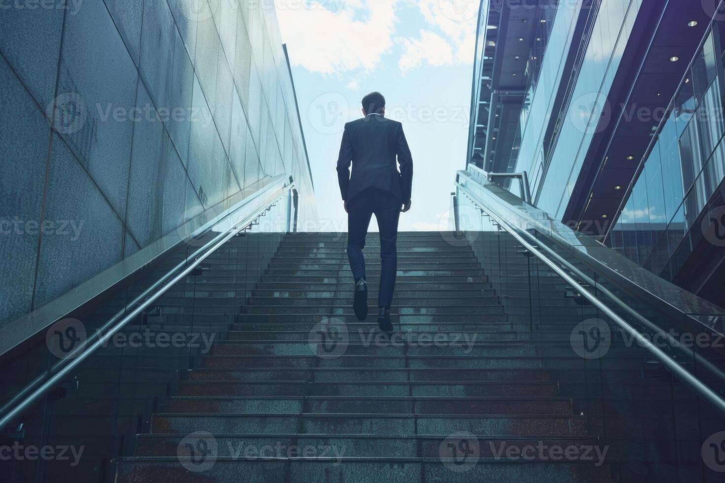 ai genererad affärsman gående upp trappa. bak- se. urban miljö. foto
