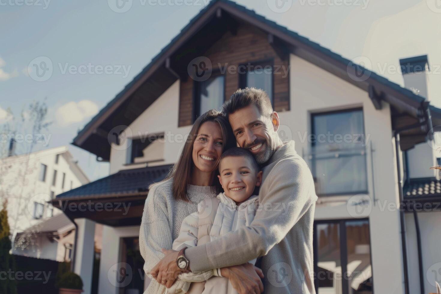 ai genererad Lycklig familj är stående nära deras modern privat hus leende och ser på kamera. foto