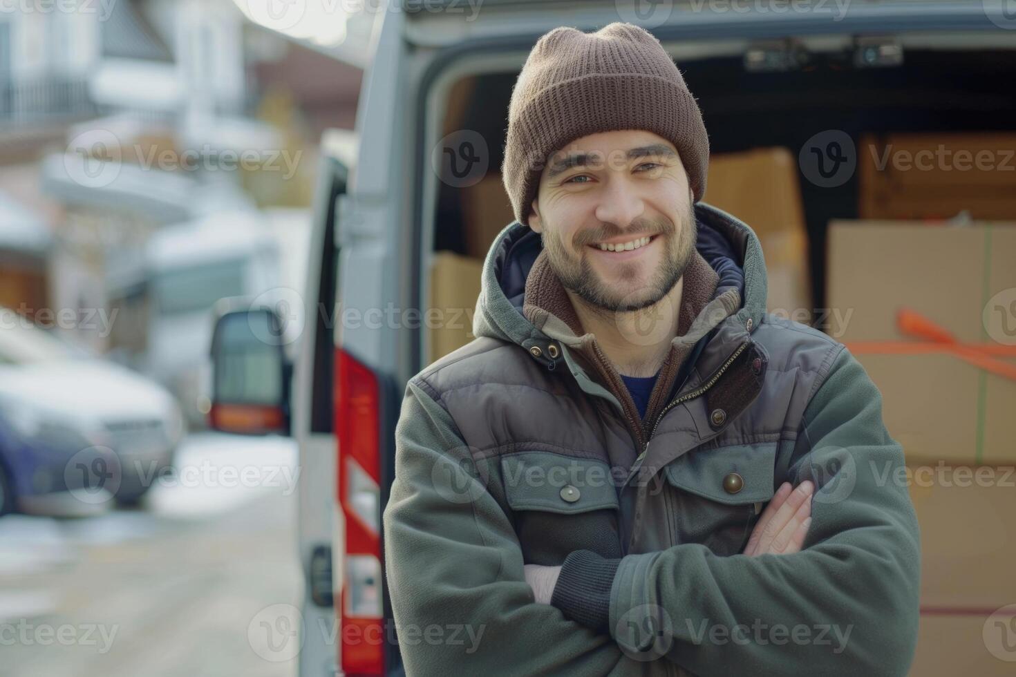 ai genererad leende ung manlig post leverans kurir man i främre av frakt skåpbil leverera paket foto