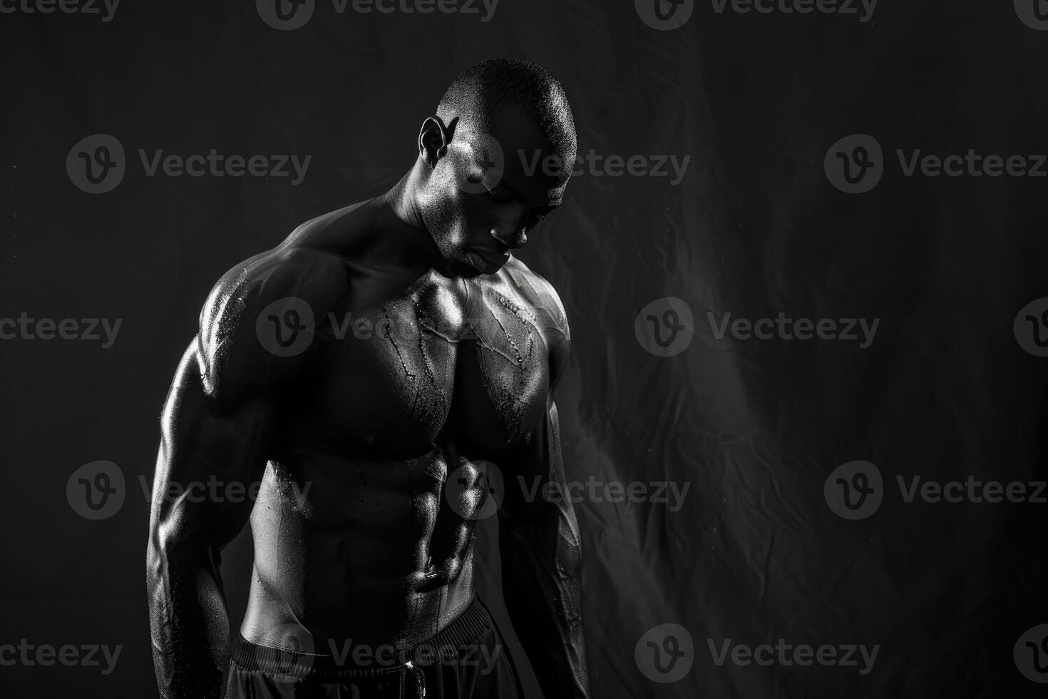 ai genererad svart och vit studio skjuta av stark atletisk man på mörk bakgrund foto