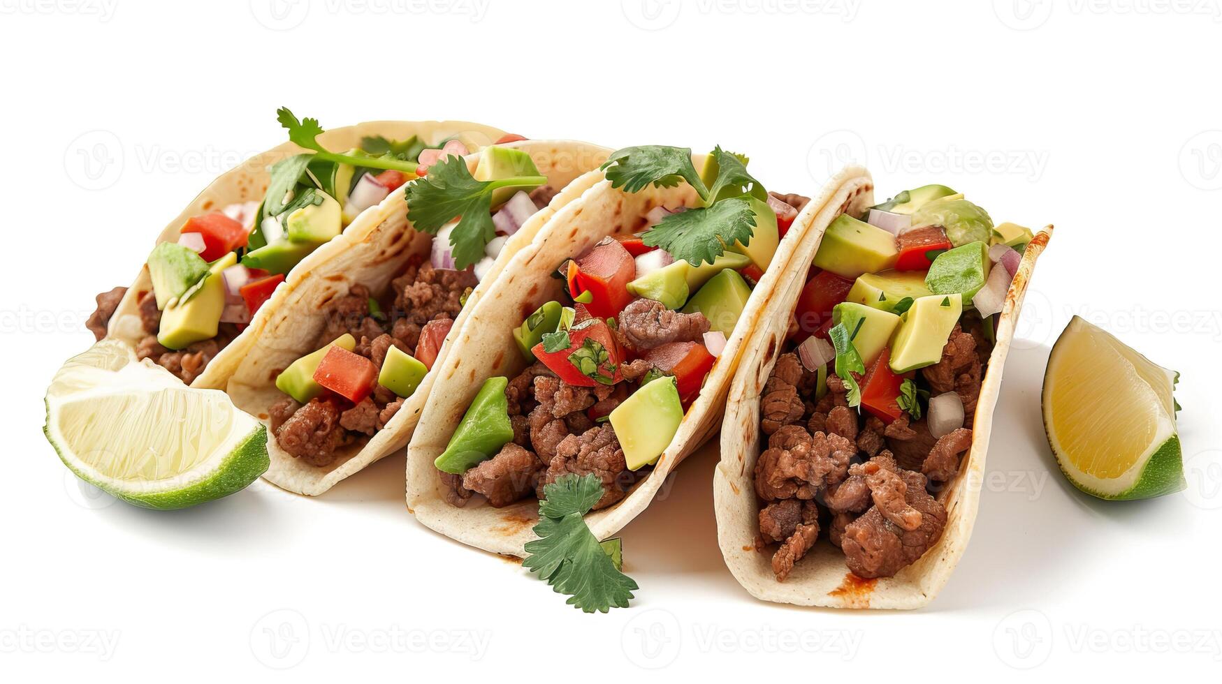 ai genererad mexikansk nötkött tacos med pålägg på vit bakgrund. foto