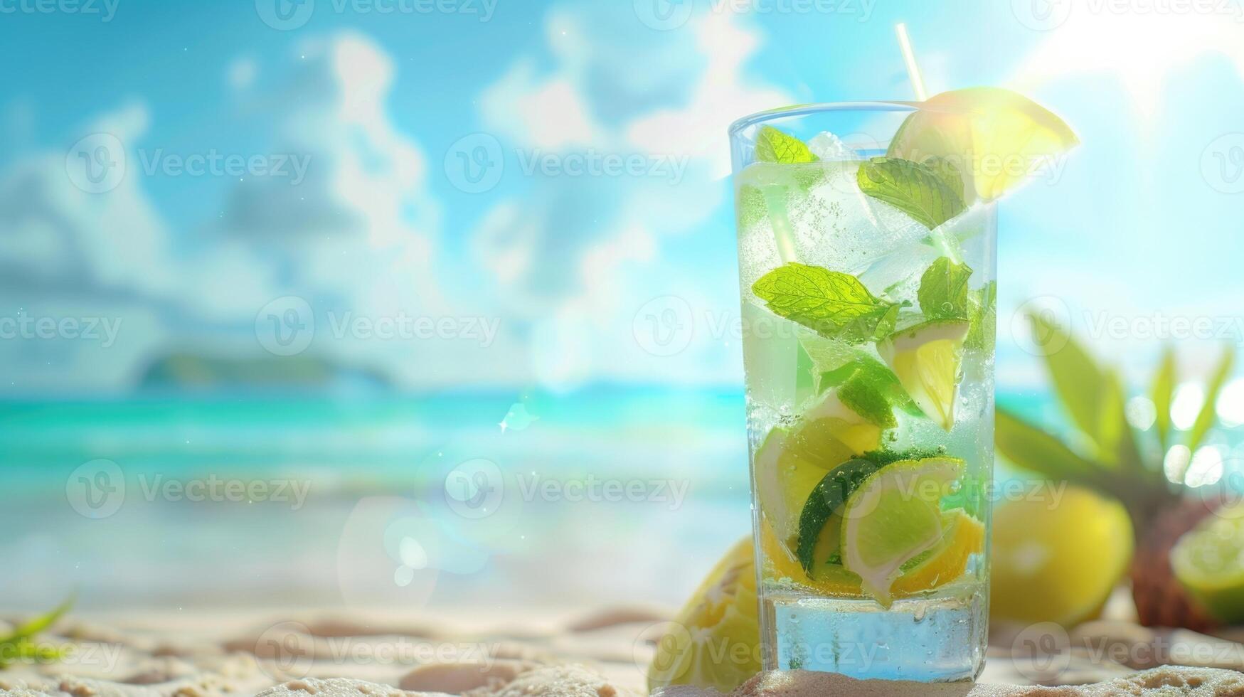 uppfriskande sommar mojito dryck på strand bakgrund med copyspace. foto