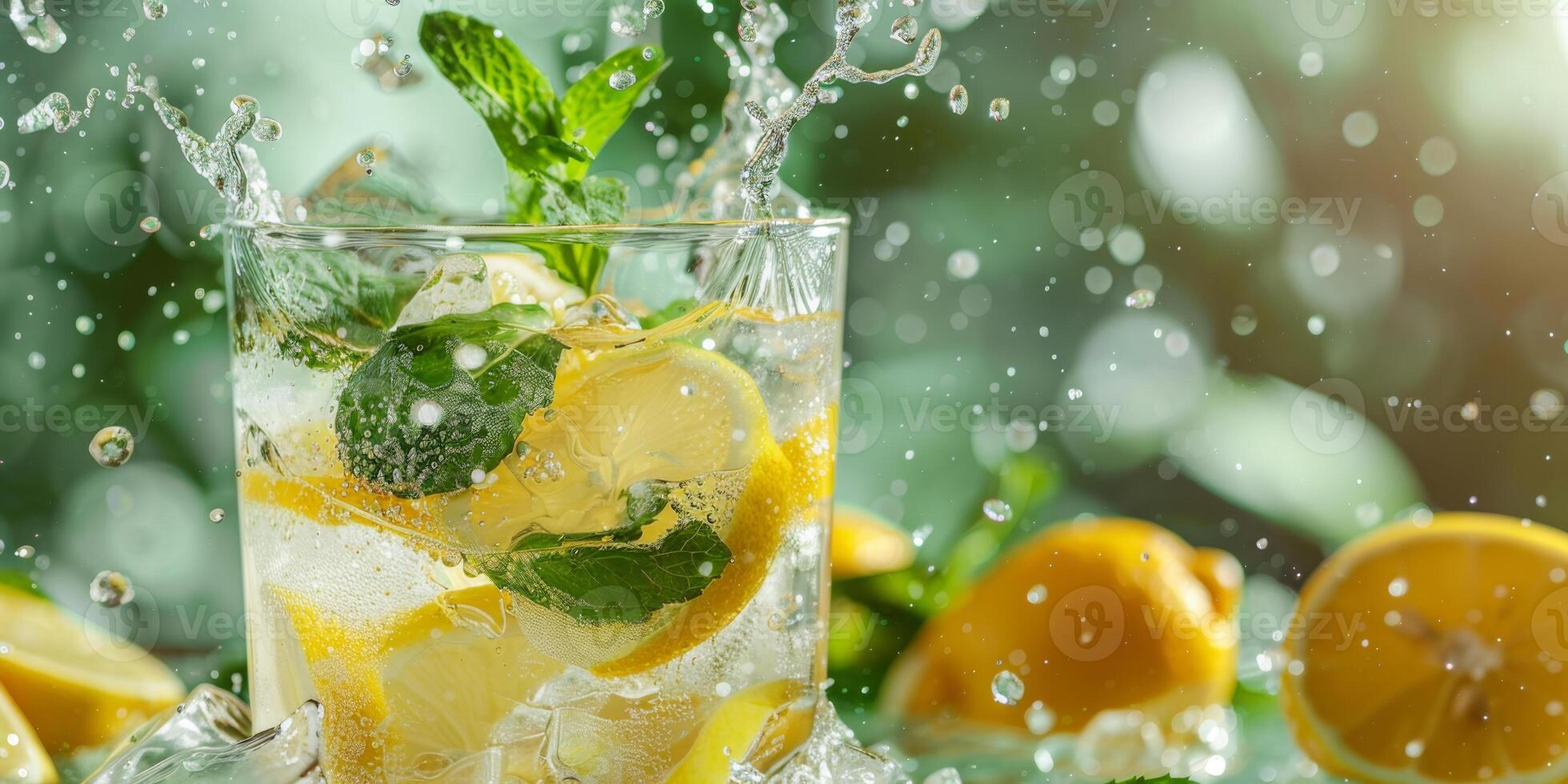 de begrepp av en uppfriskande sommar med bitar av citrus- frukt sådan som citron, kalk, dekorerad med färsk mynta löv och is kuber foto