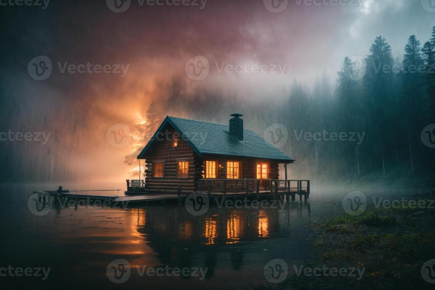en stuga sitter på de Strand av en sjö i de dimma foto