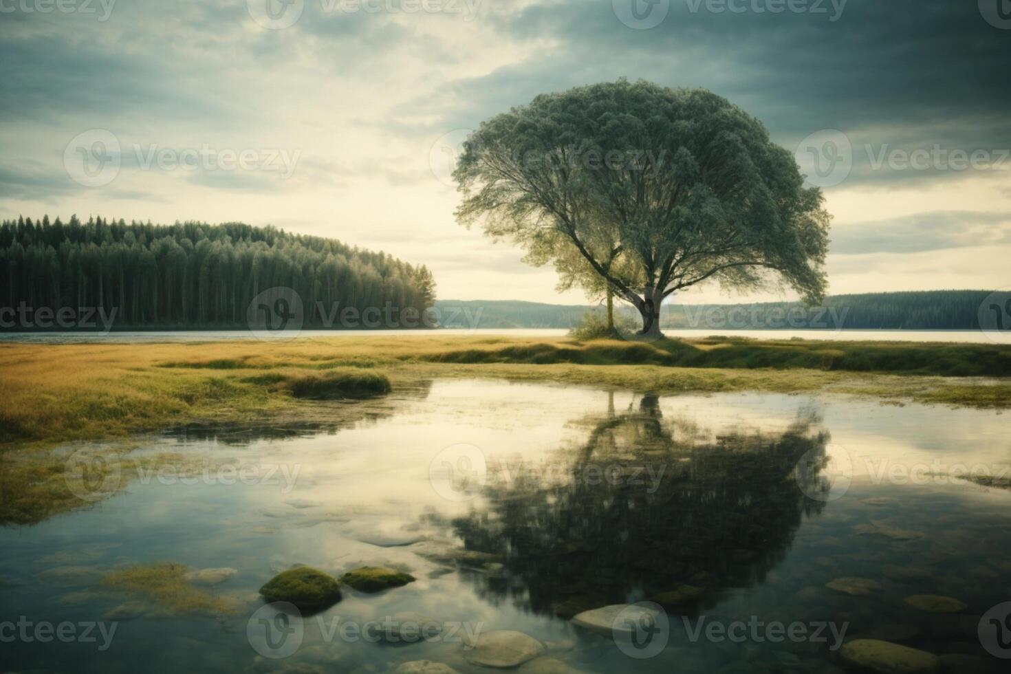 en sjö med stenar och träd på solnedgång foto