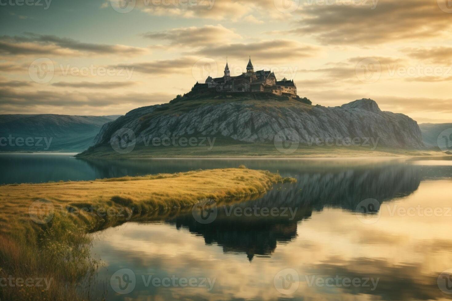 en slott sitter på topp av en kulle utsikt en sjö foto