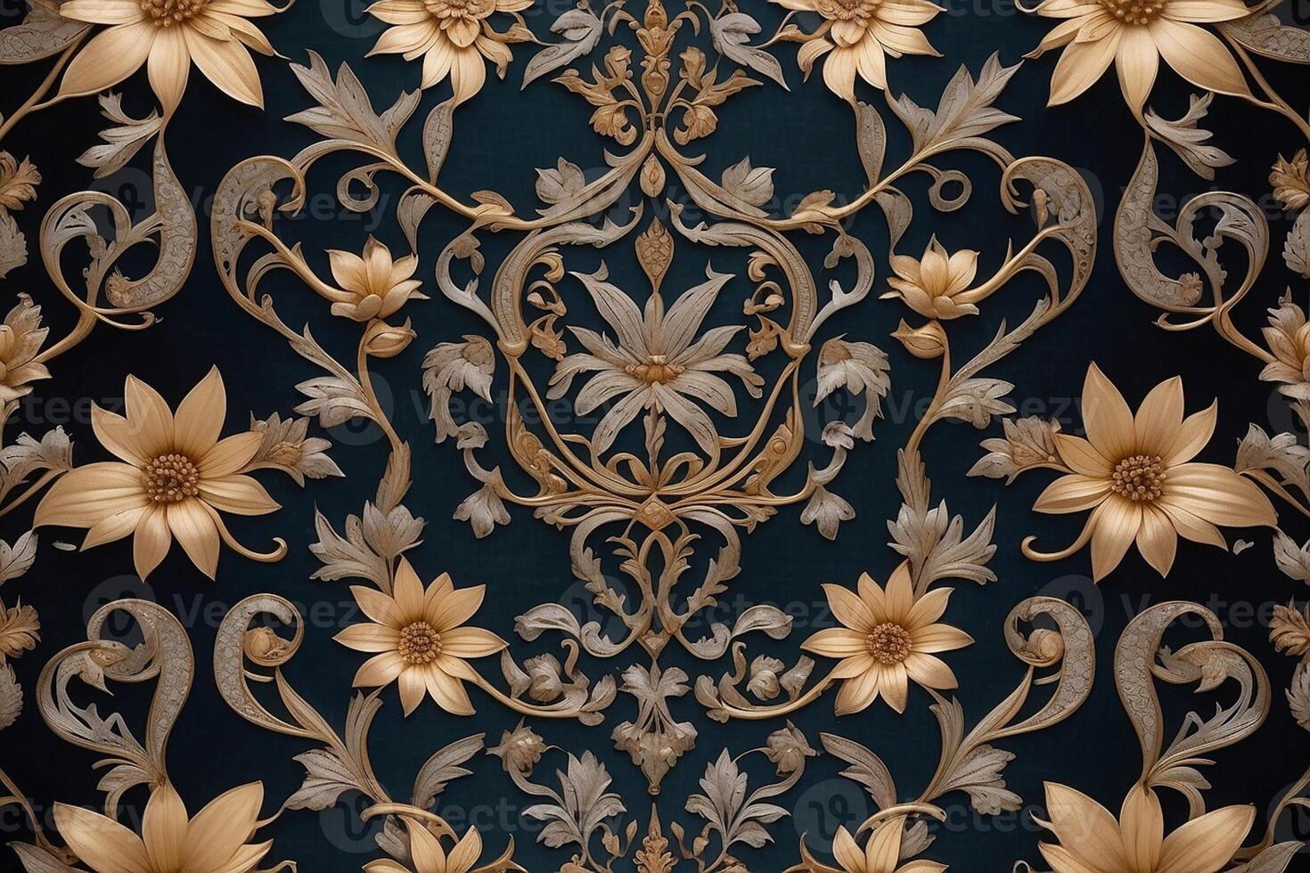 gyllene blommig mönster på mörk blå bakgrund foto