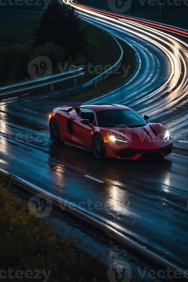 en sporter bil körning på en våt väg på natt foto