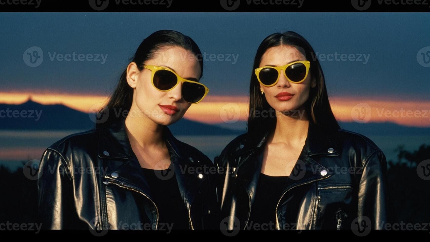 ai genererad två kvinnor bär gul solglasögon stående Nästa till varje Övrig foto