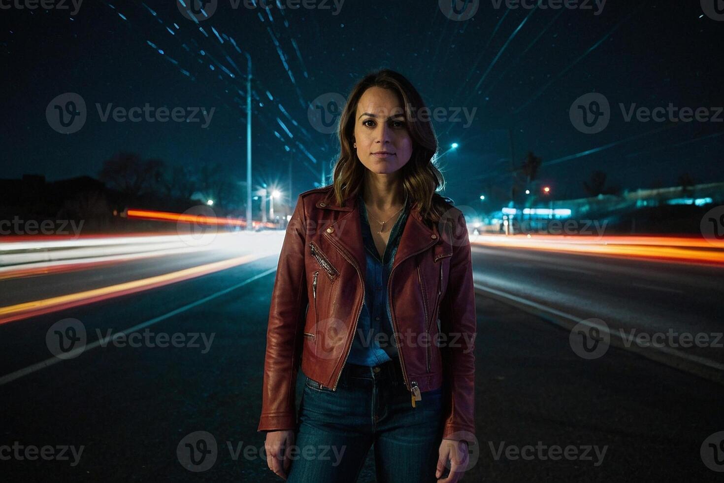 ai genererad en kvinna i en röd läder jacka stående på en väg på natt foto