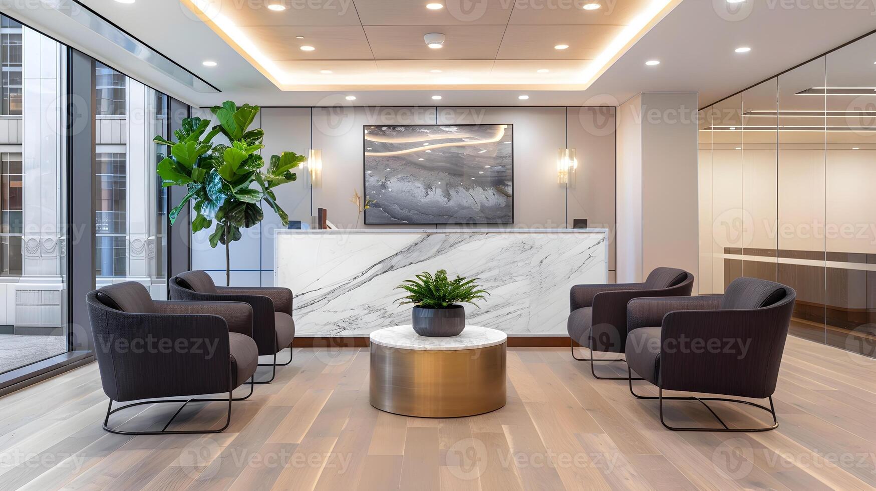 elegant och sofistikerad företags- lobby med marmor accenter och frodig grönska foto