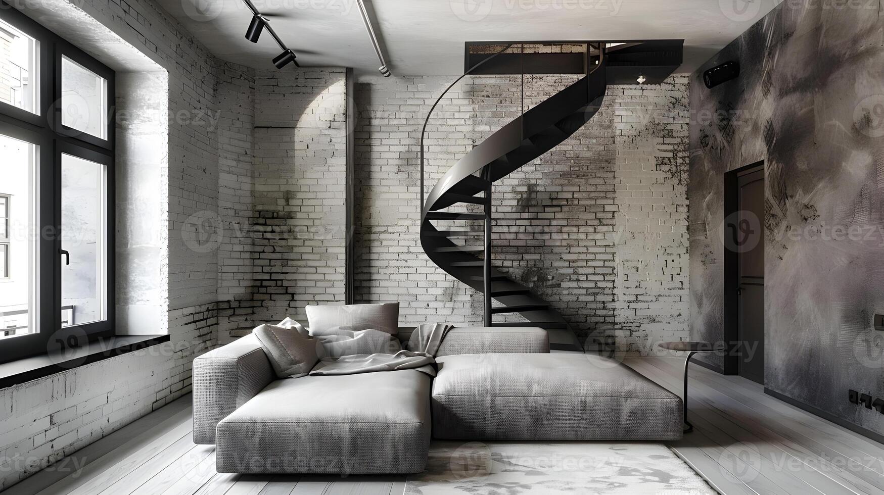 sofistikerad loft levande med spiral trappa och tegel väggar visa upp elegant minimalistisk interiör design foto