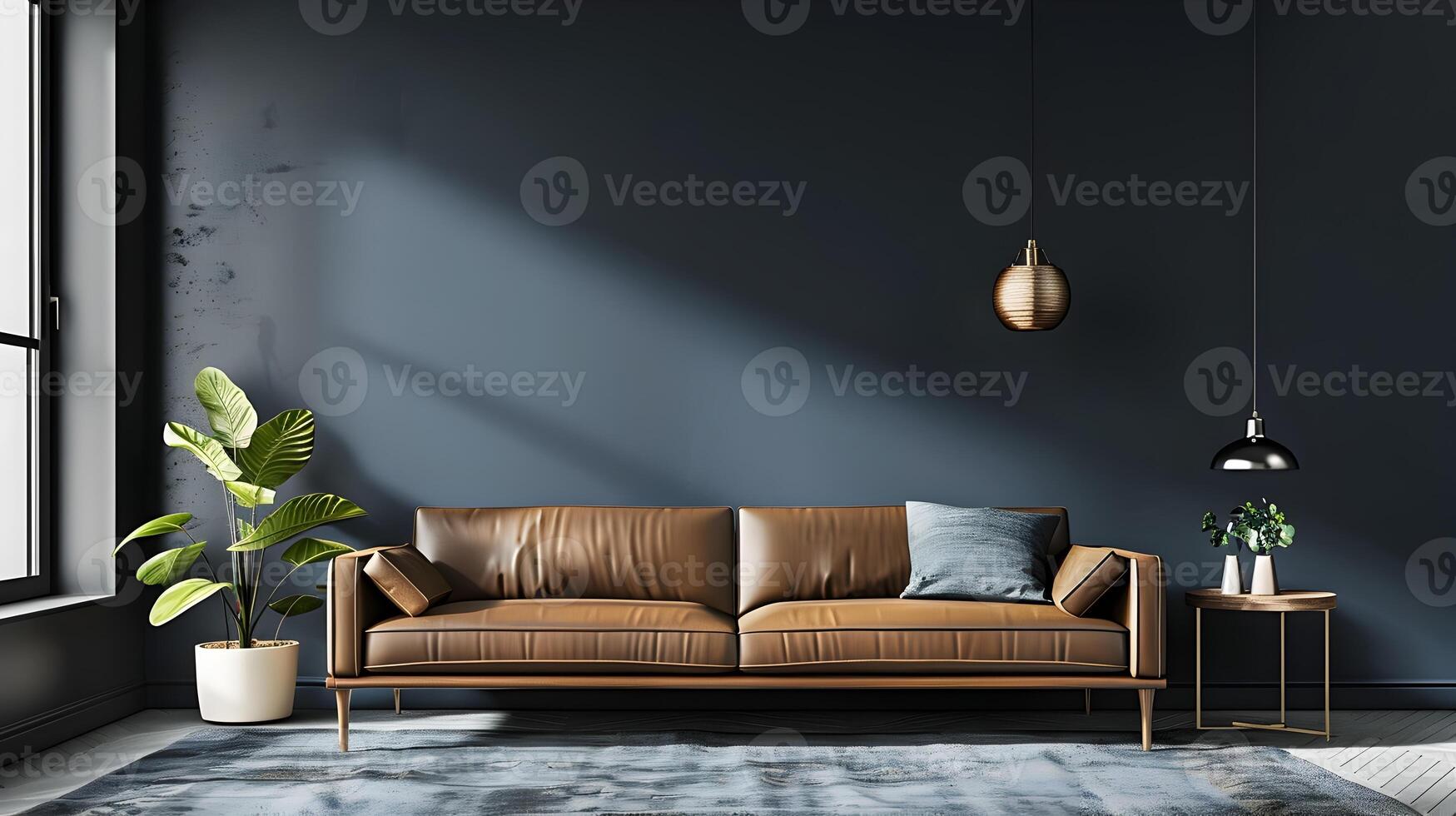 modern lyx levande rum med läder soffa, varm belysning och frodig grönska foto