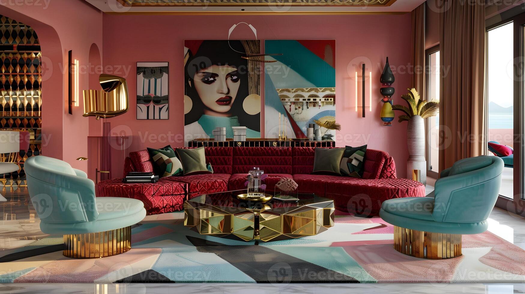 överdådigt dekorerad rik levande rum med vibrerande Färg palett och avantgarde- konst bitar visa upp samtida interiör design estetisk foto