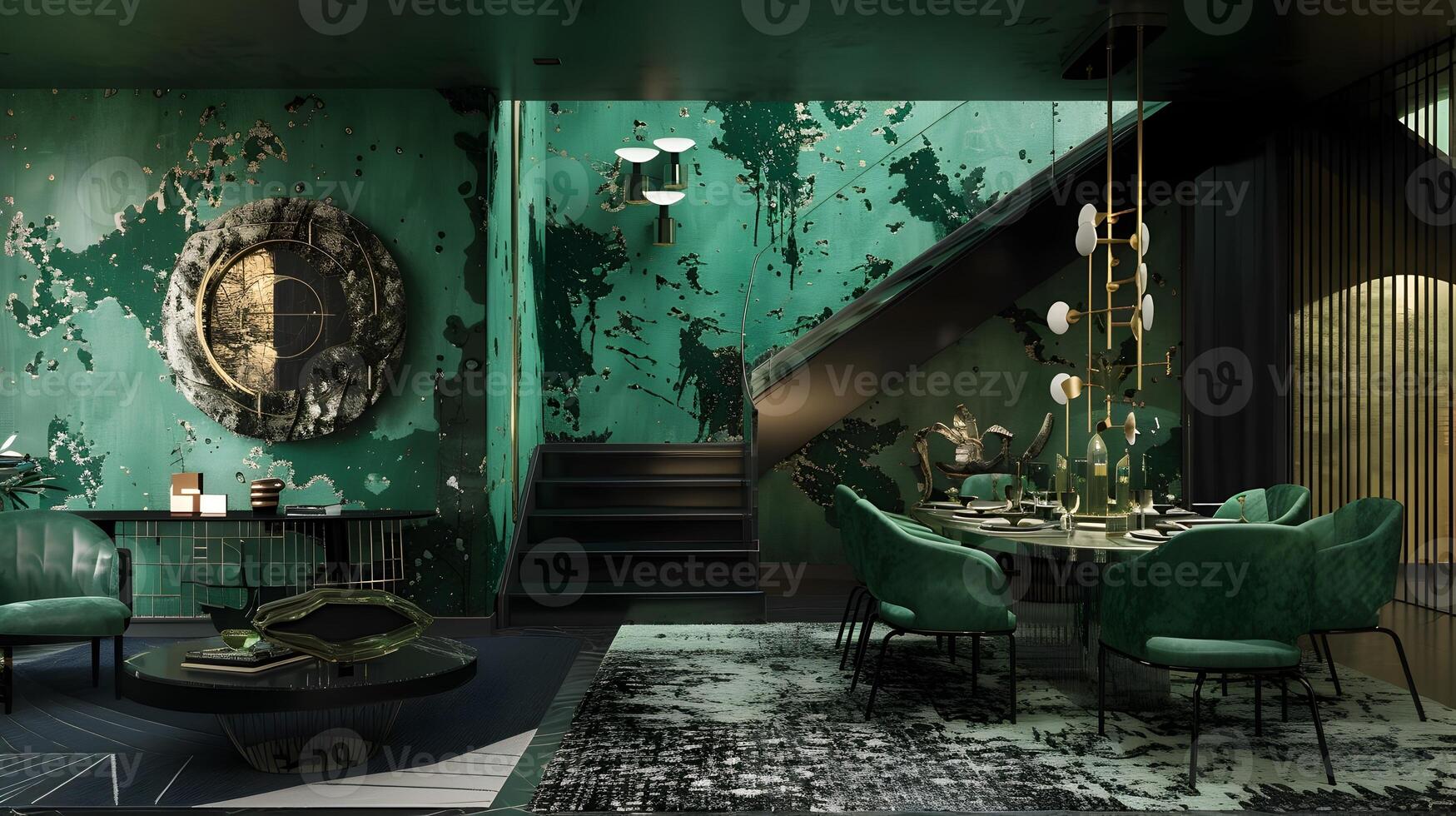 smaragd- grön dining rum med modern möbel och svart trappa foto