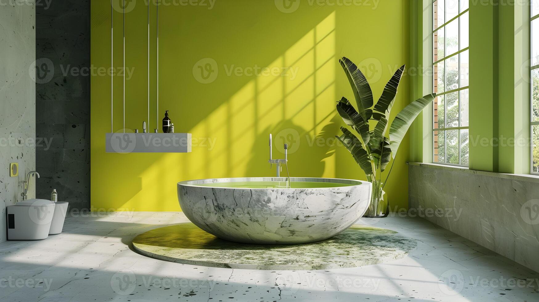 modern badrum design med kalk grön accent vägg och marmor badkar sola i dagsljus foto