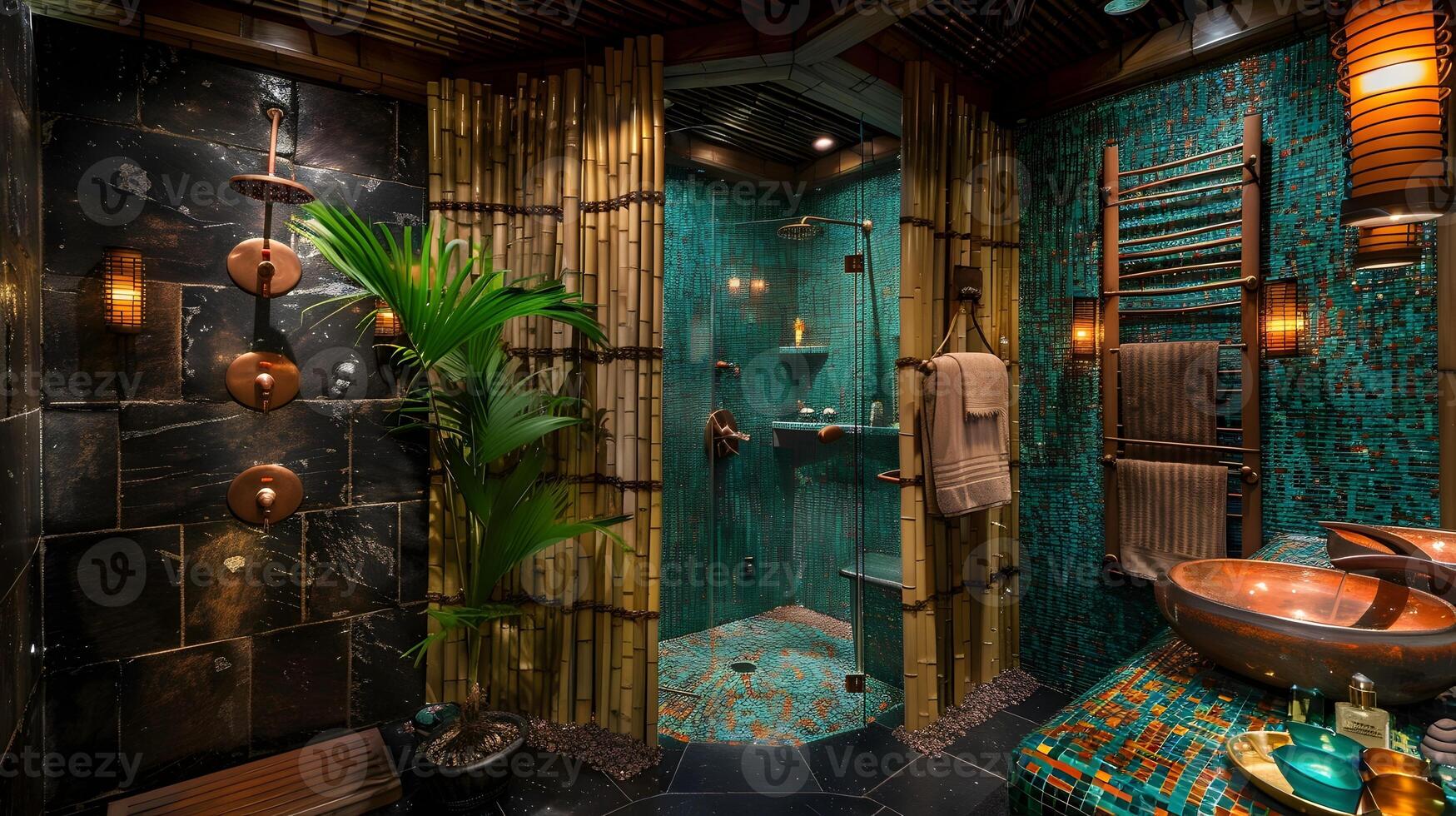 omgivande upplyst luxe badrum med medelhavsstil mosaik- kaklade dusch och modern koppar fixturer foto